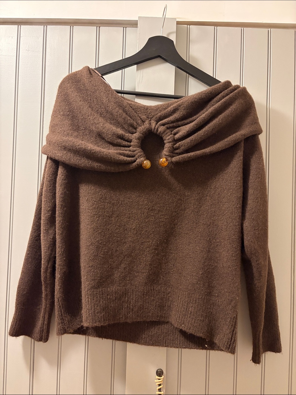 Zara Brown Off-the-Shoulder Gathered-Neck Sweater